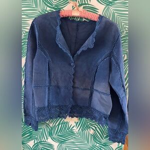 Vintage Suede crochet cardigan jacket 90’s discolored Royal Blue S/M